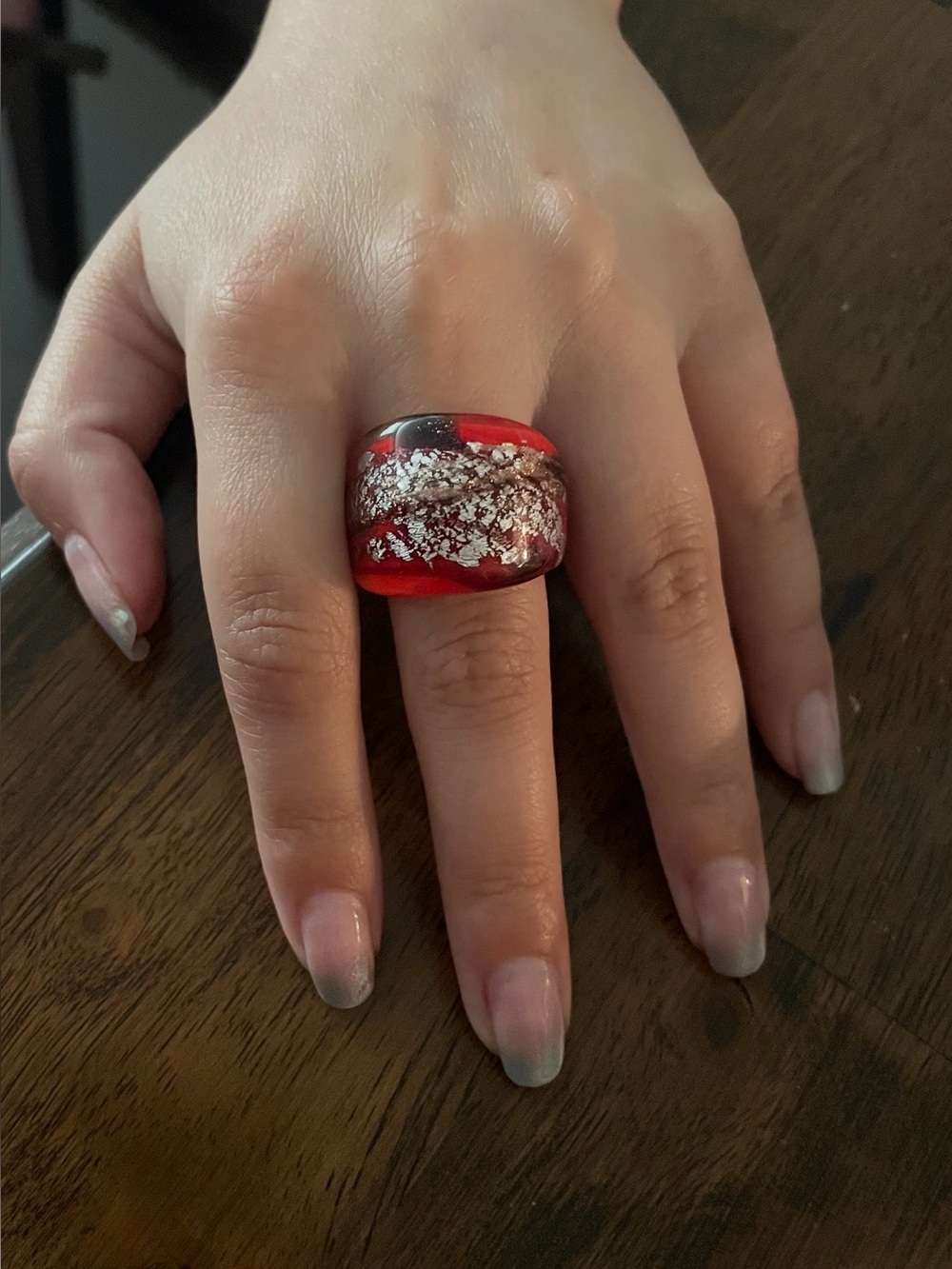 Authentic Antica Murrina Venezia Murano Glass Ring Red Silver Foil Ring Sz 8